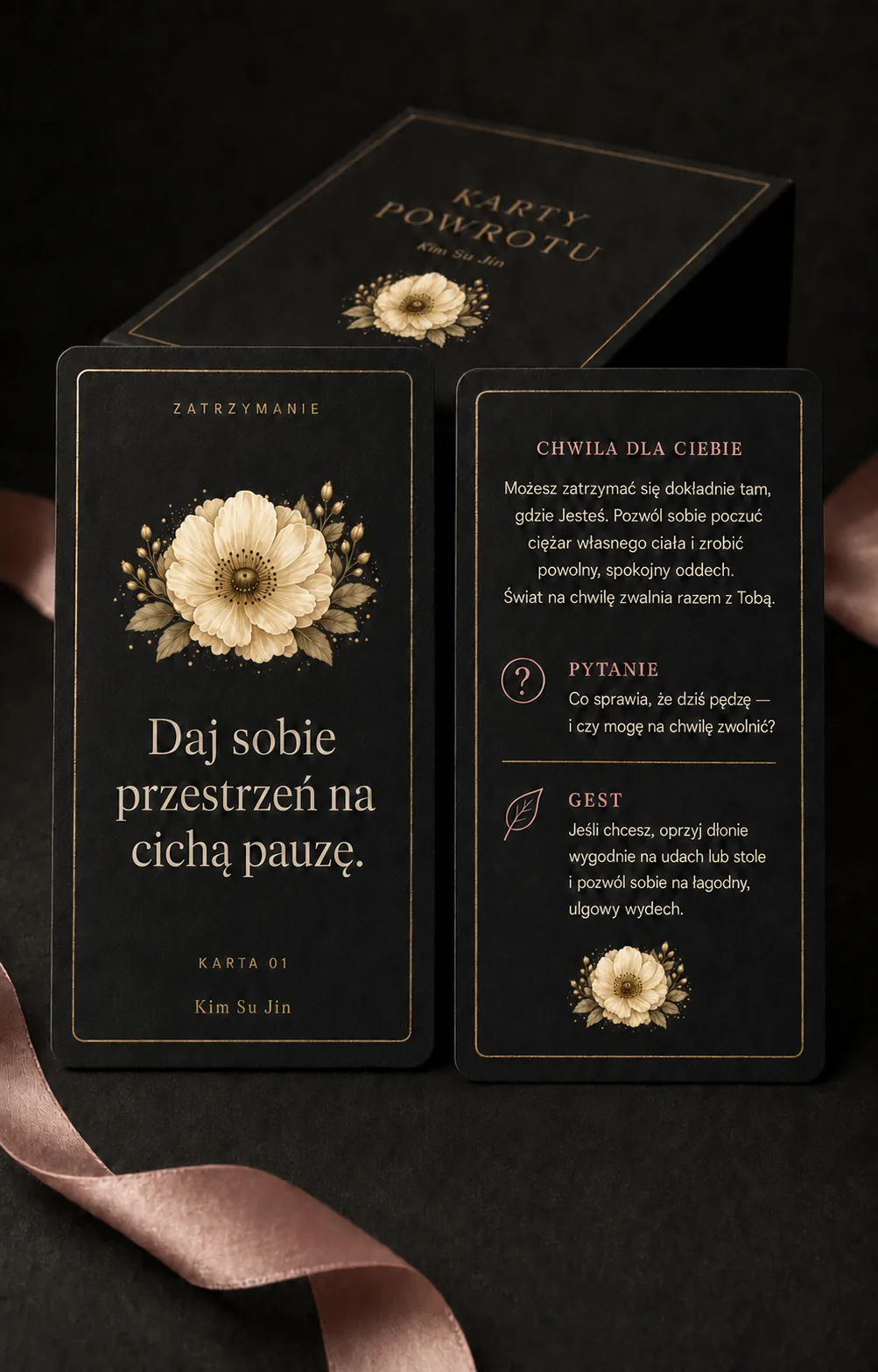 Karty Powrotu — zestaw w czerni i złocie z pudrową wstążką